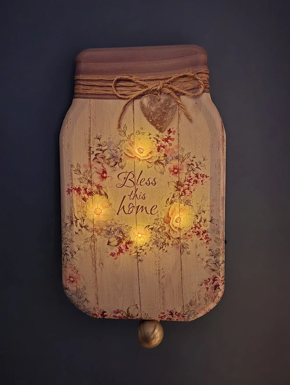 Floral 'Bless This Home' Mason Jar Wall Decor with LED lights Embedded